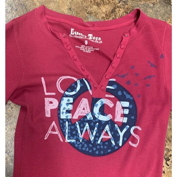 LUCKY BRAND TATTOO peace love PRINT THERMAL WAFFLE WEAVE BOHO SHIRT TOP sz S - Picture 3 of 5